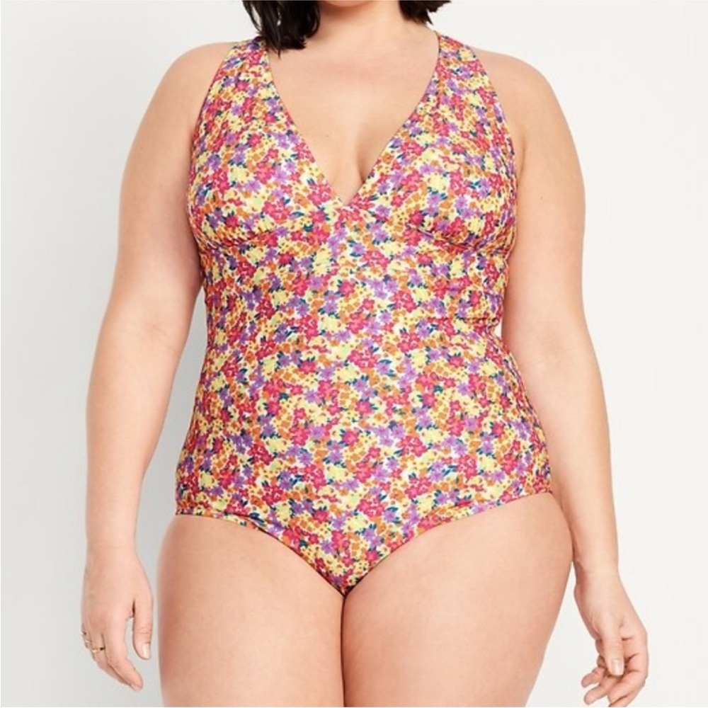 Old Navy Womens One Piece Swimsuit V-Neck‎ Tie Back Ditsy Floral Size XL Summer